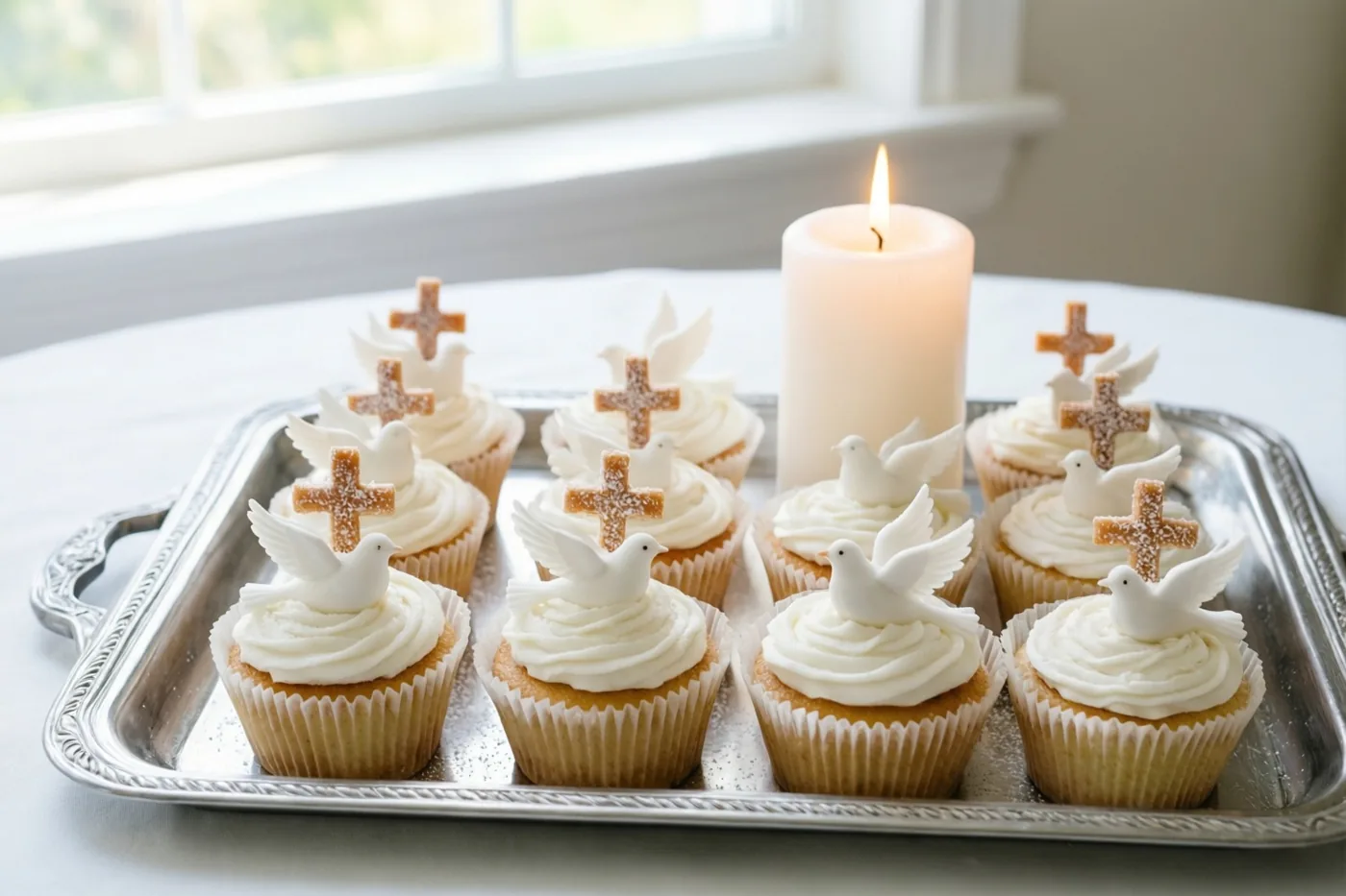 Twaalf witte cupcakes met kruisjes of duifjes van suiker staan op een zilveren dienblad naast een brandende witte doopkaars op een witte tafel bij een raam.