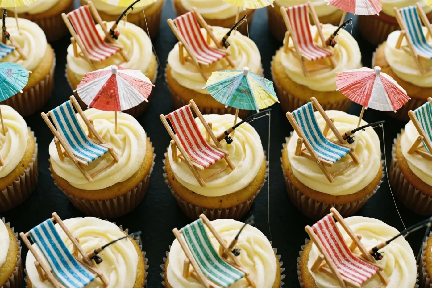 Cupcakes met romig glazuur zijn versierd met miniatuurstrandstoelen van suiker, kleurrijke papieren parasolletjes en kleine hengeltjes.