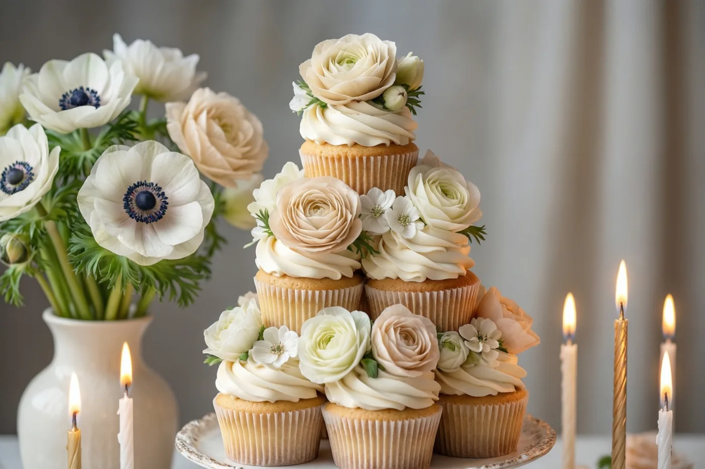Een toren van cupcakes met witte en crèmekleurige eetbare bloemen en brandende kaarsjes staat naast een vaas witte anemonen, in zacht licht tegen een neutrale achtergrond.