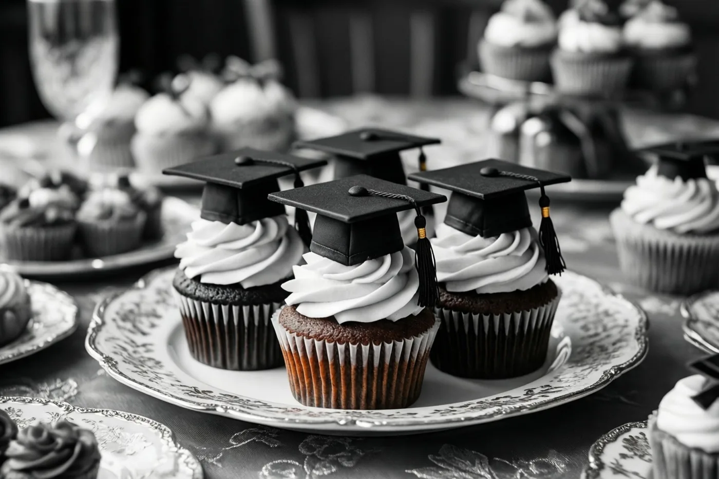 Een zwart-witfoto toont cupcakes met kleine afstudeerhoedjes op een sierlijk bord op een feestelijk gedekte tafel.