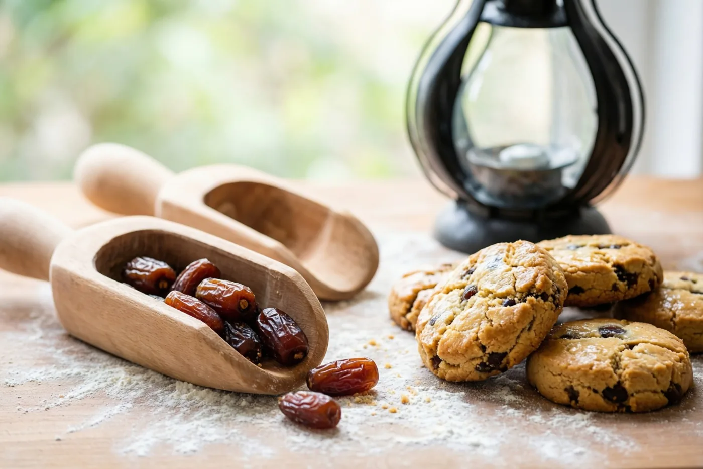 Versgebakken dadelkoekjes liggen op een houten tafel met bloem naast houten scheppen met dadels, met een zwarte glazen lantaarn op de achtergrond in zacht daglicht.