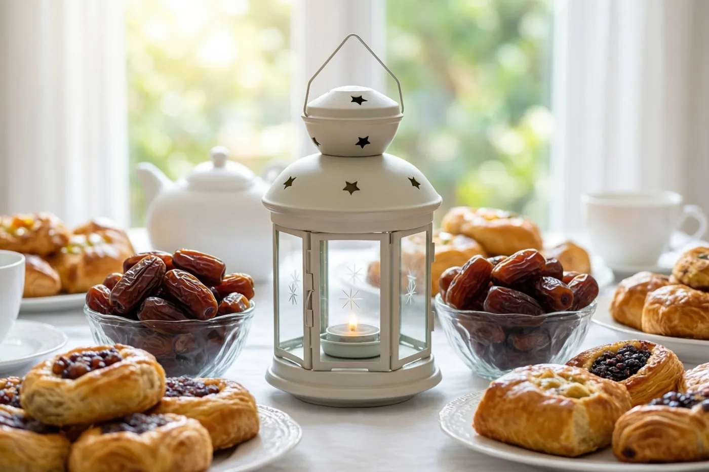 Een ontbijttafel met kommen dadels, borden zoet gebak en een witte sterlantaarn met een brandende kaars staat in zacht daglicht van een raam op de achtergrond.