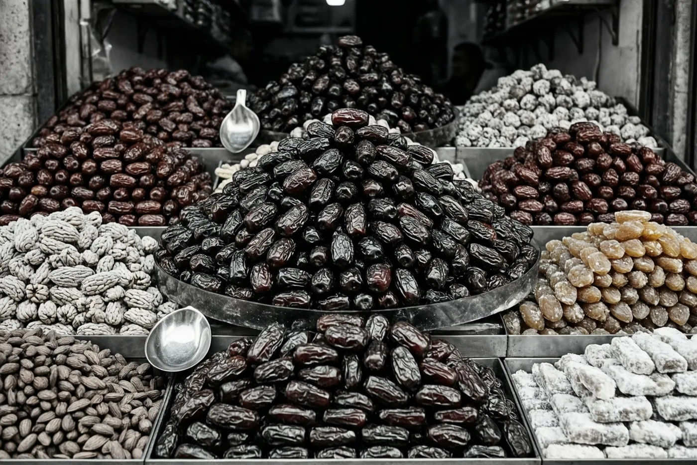 Een marktkraam toont donkere dadels, noten en gesuikerde zoetigheden in metalen schalen, met bruine en witte tinten tegen een grotendeels kleurloze achtergrond.
