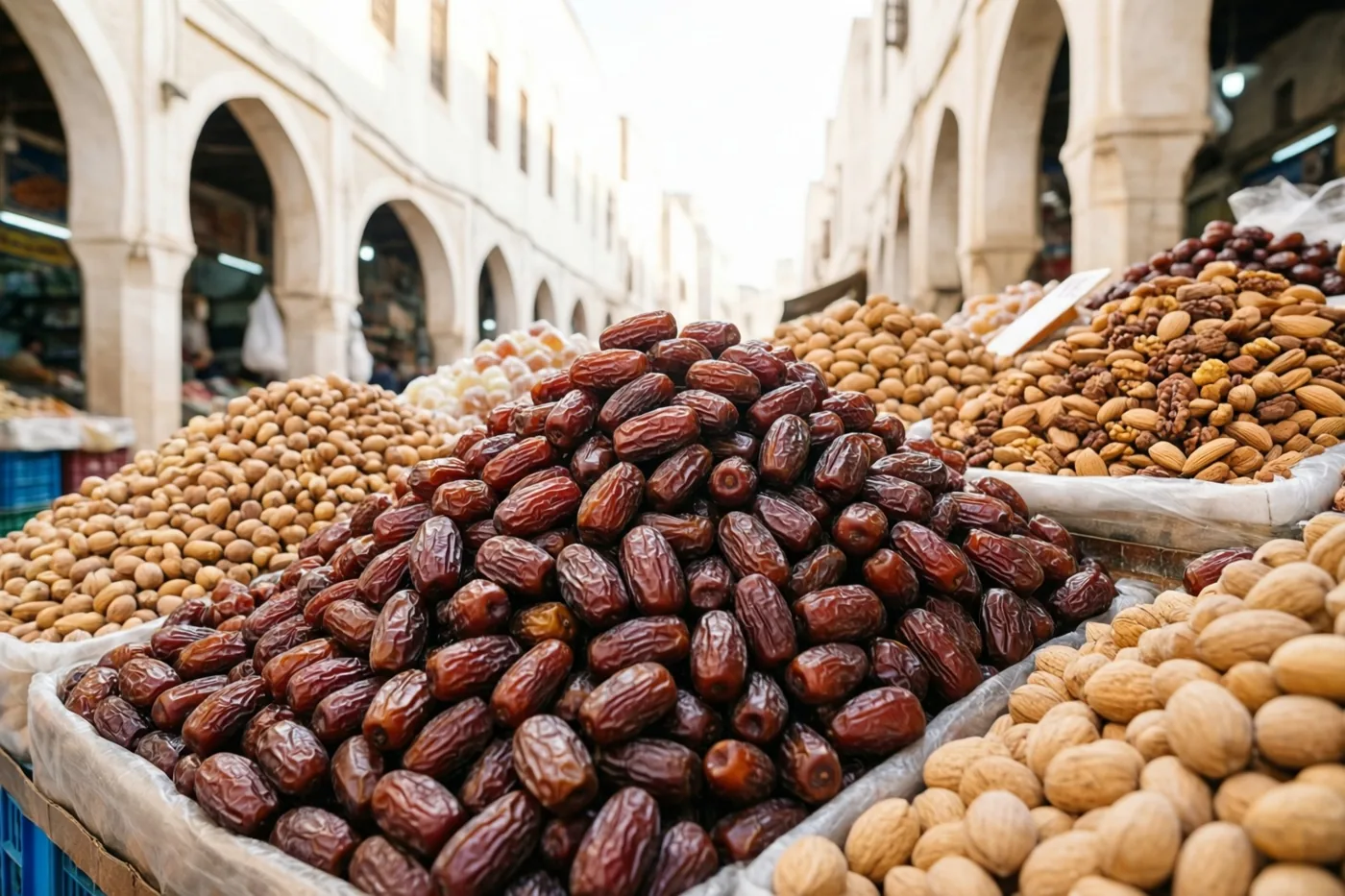 Een marktkraam ligt vol glanzende donkere dadels, lichtbruine walnoten en andere noten, met stenen gebouwen met bogen op de achtergrond.