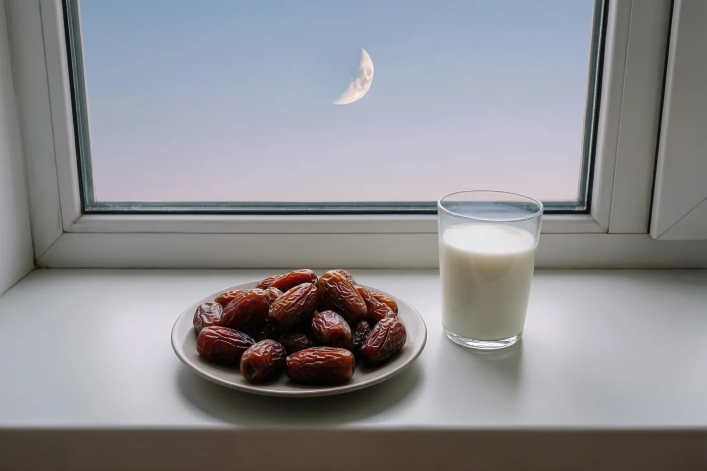 Een bord dadels en een glas melk staan op een witte vensterbank, met een dunne maansikkel aan de hemel buiten.