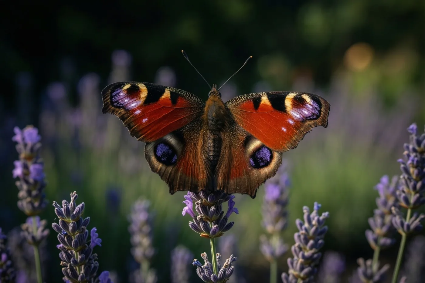 Een dagpauwoog zit met open vleugels op een lavendelaar in een zonnige tuin met levendige oranje, paarse en groene tinten.