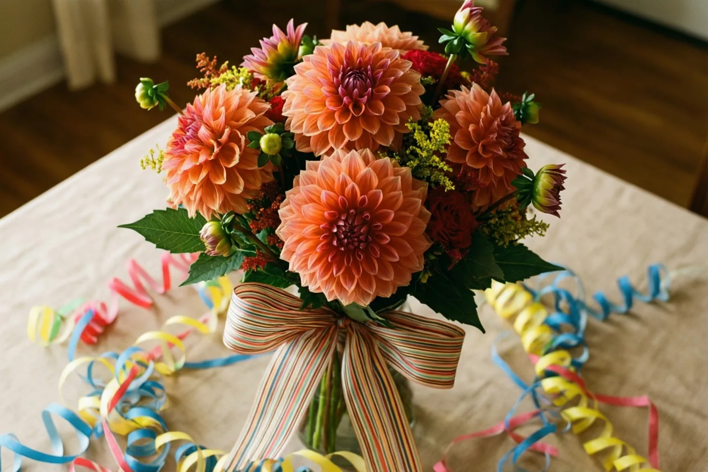 Een boeket oranje en roze dahlia's met groene bladeren staat in een glazen vaas met een grote veelkleurige gestreepte strik op een beige tafelkleed tussen kleurrijke serpentines.