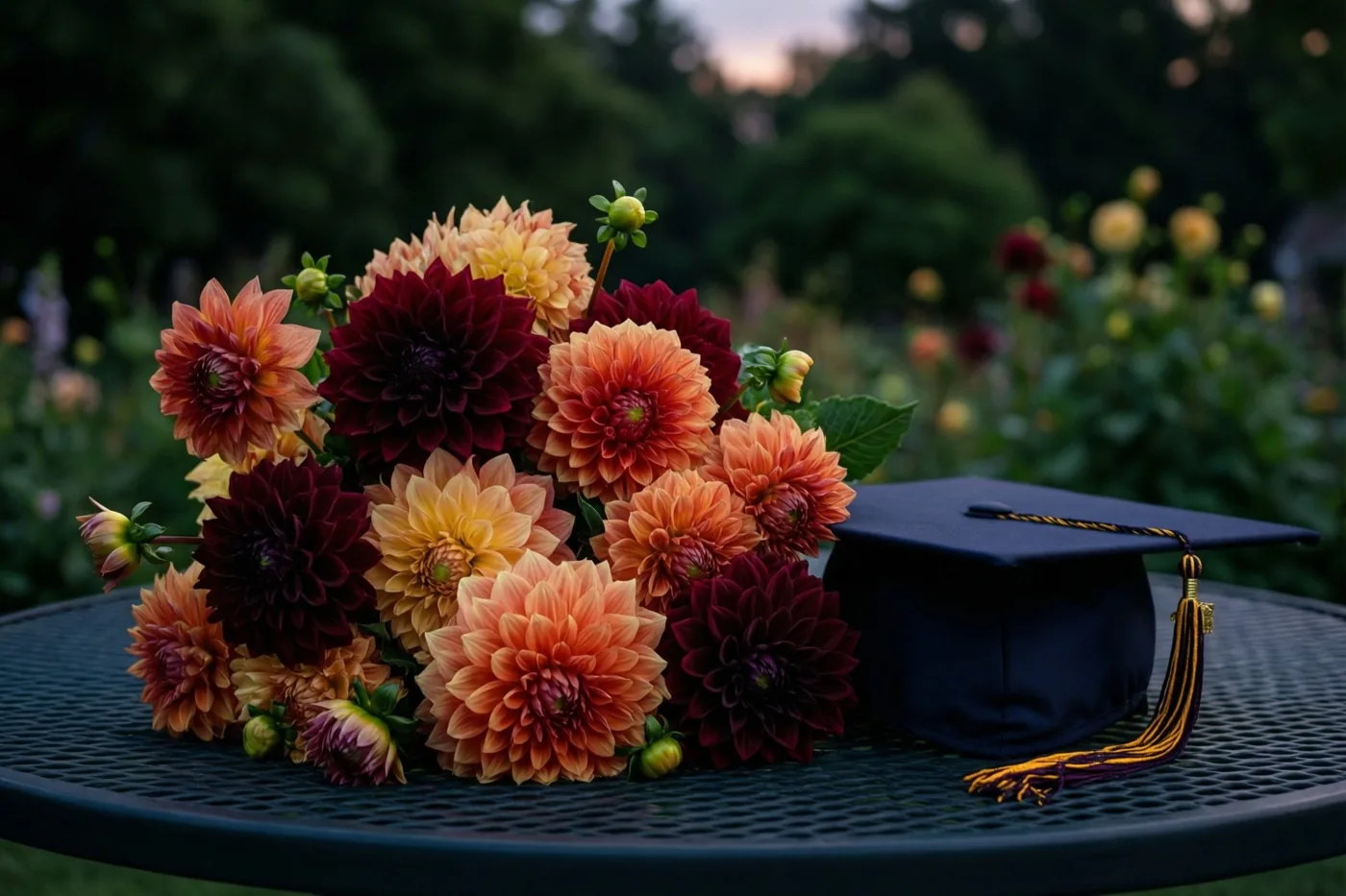 Een boeket dahlia's in warme nazomertinten staat naast een afstudeerhoed op een donkere metalen tuintafel bij schemering, met een zacht wazige tuin erachter.
