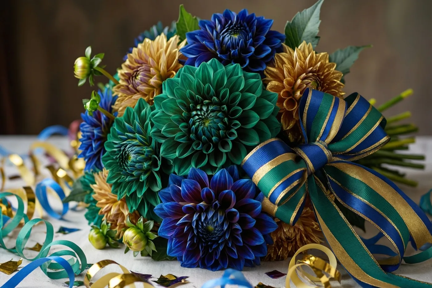 Een boeket blauwe, groene en goudkleurige dahlia's met een grote gestreepte strik staat op een tafel tussen serpentines, tegen een zachte onscherpe achtergrond.