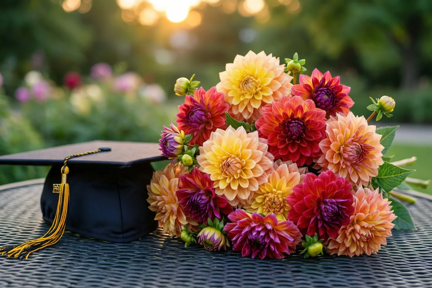 Een boeket dahlia's in warme nazomertinten staat naast een zwarte afstudeerhoed op een donkere metalen tuintafel, in goudkleurig schemerlicht met een wazige groene tuin erachter.