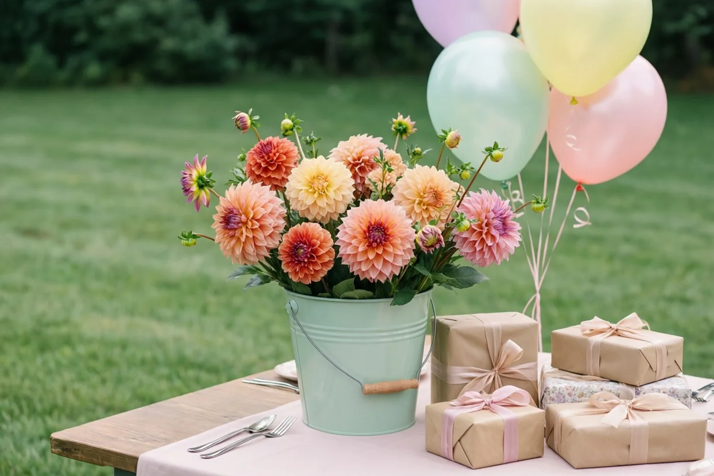 Een lichtgroene emmer met kleurrijke dahlia's staat op een houten tafel met een roze tafelkleed, naast ingepakte cadeaus en pastelballonnen, buiten op een gazon in daglicht.