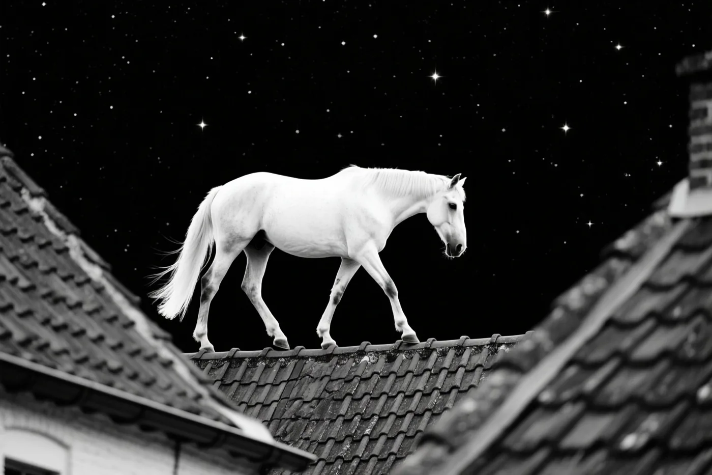 Een zwart-witbeeld toont een wit paard dat over pannendaken loopt onder een sterrenhemel.