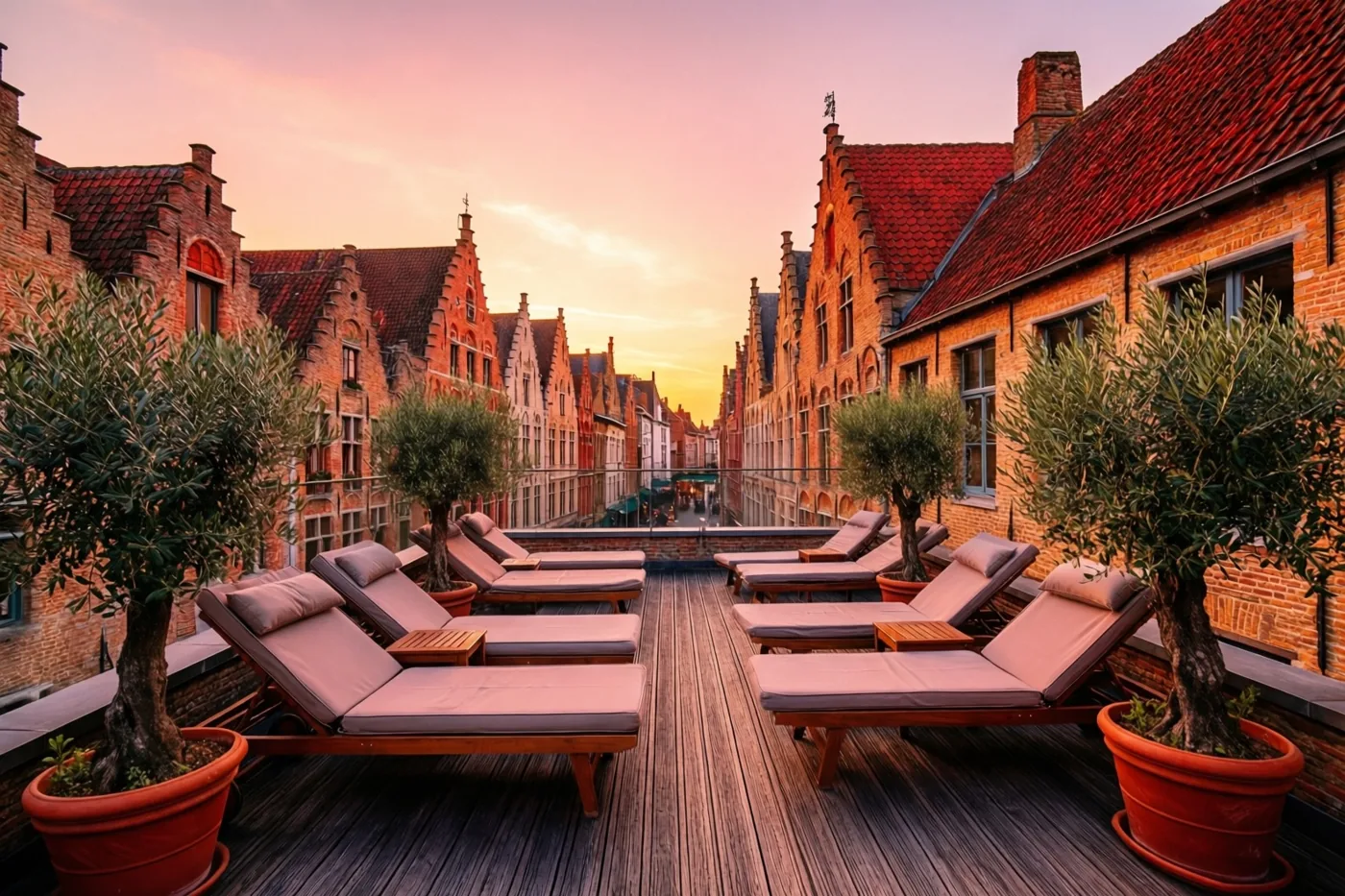 Een dakterras met houten vlonders, ligstoelen en olijfbomen in potten kijkt uit op een smalle straat met traditionele Vlaamse bakstenen gebouwen onder een roze-oranje avondlucht.