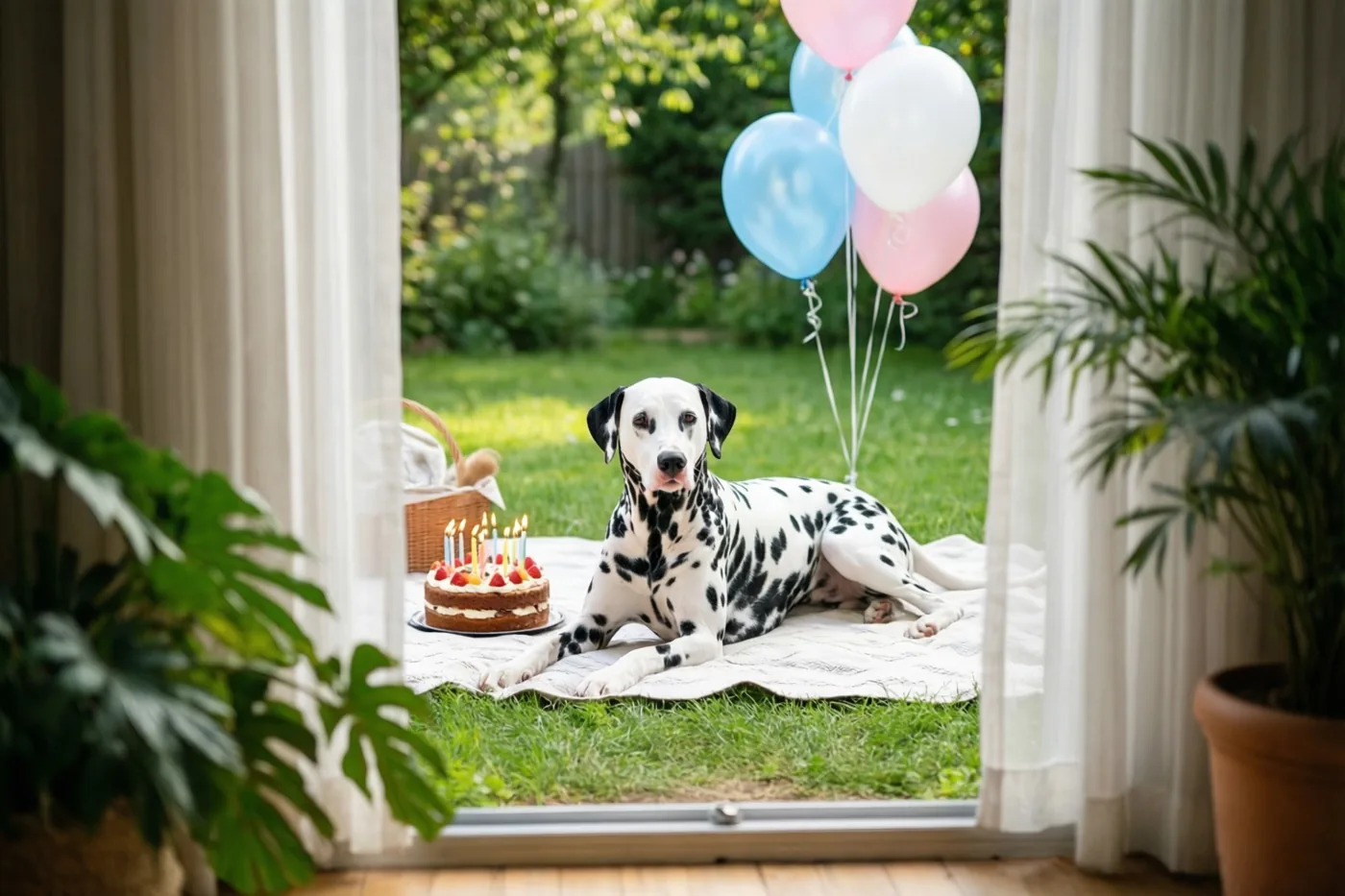 Door een open deuropening met gordijnen is een dalmatiër te zien op een wit picknickdeken naast een verjaardagstaart met brandende kaarsjes en roze, blauwe en witte ballonnen, met een groene tuin op de achtergrond.