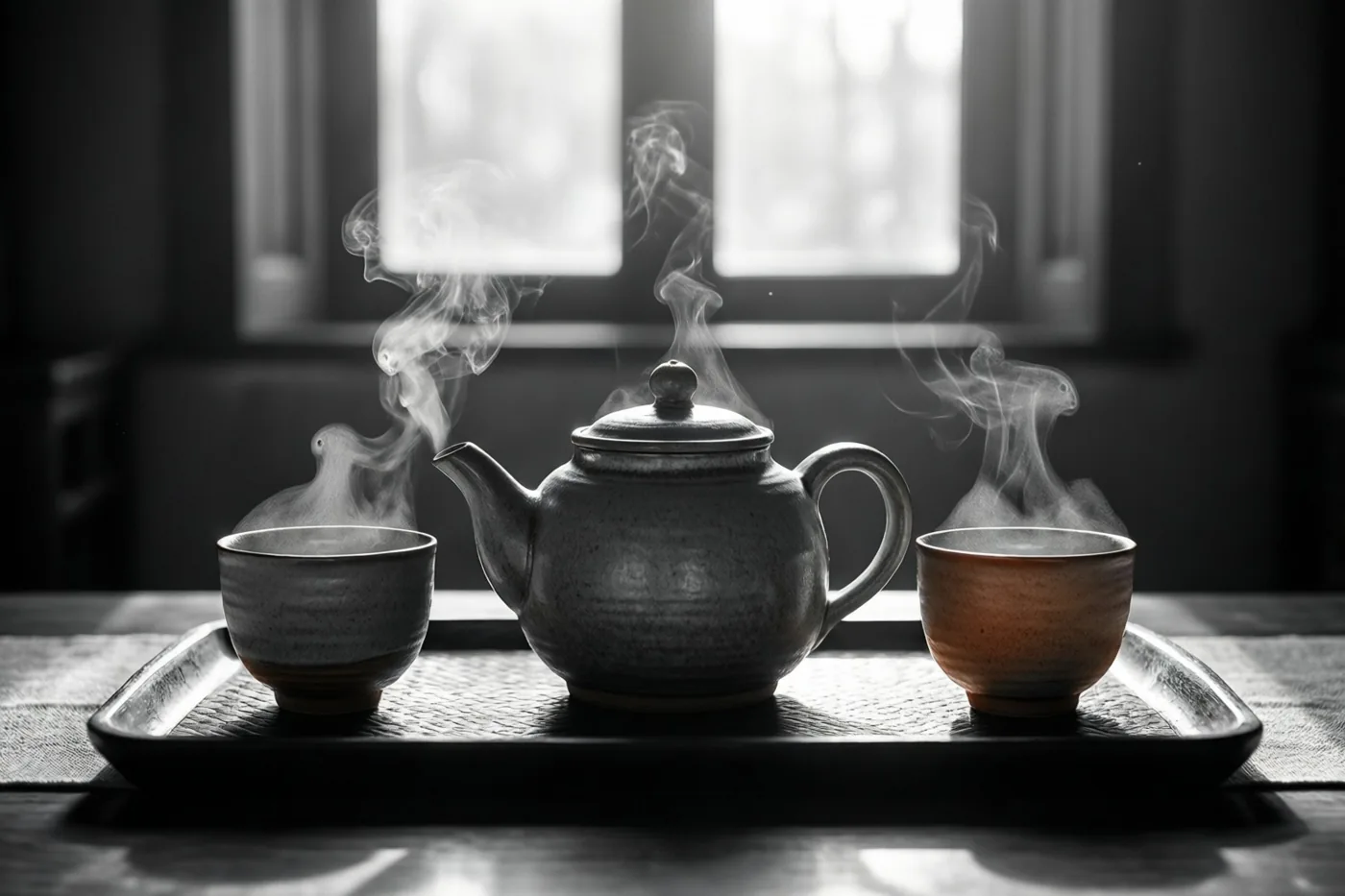 Een theepot van steengoed en twee keramieken kopjes staan dampend op een dienblad in zacht ochtendlicht, in een monochroom beeld met subtiele tintverschillen.
