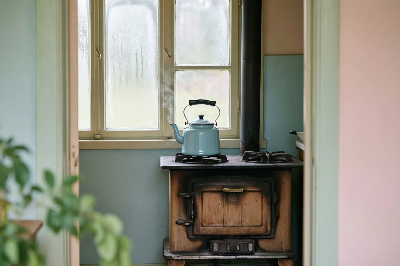 Een lichtblauwe emaille ketel dampt op een oud fornuis in een keuken met berijpte ramen en pastelkleurige muren.