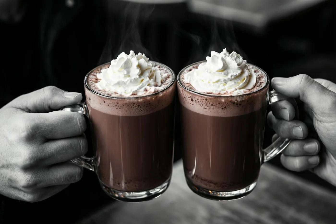 Twee handen klinken mokken dampende chocolademelk met slagroom tegen elkaar in een grotendeels zwart-witbeeld waarin de bruine drank en de room opvallen.
