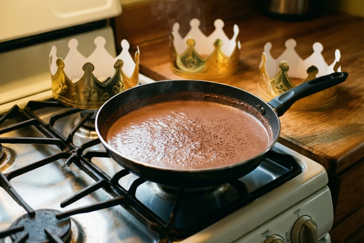 Een zwarte braadpan met dampende warme chocolademelk staat op een gasvuur naast een houten aanrecht met twee goudkleurige en één witte papieren kroon.