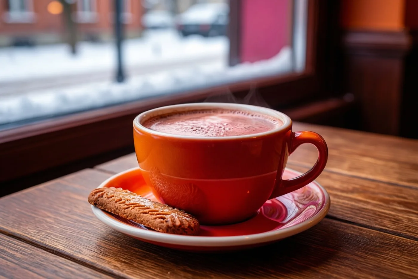 Een dampende kop warme chocolademelk en een speculooskoekje staan op een houten tafel in een café, met sneeuw buiten het raam.