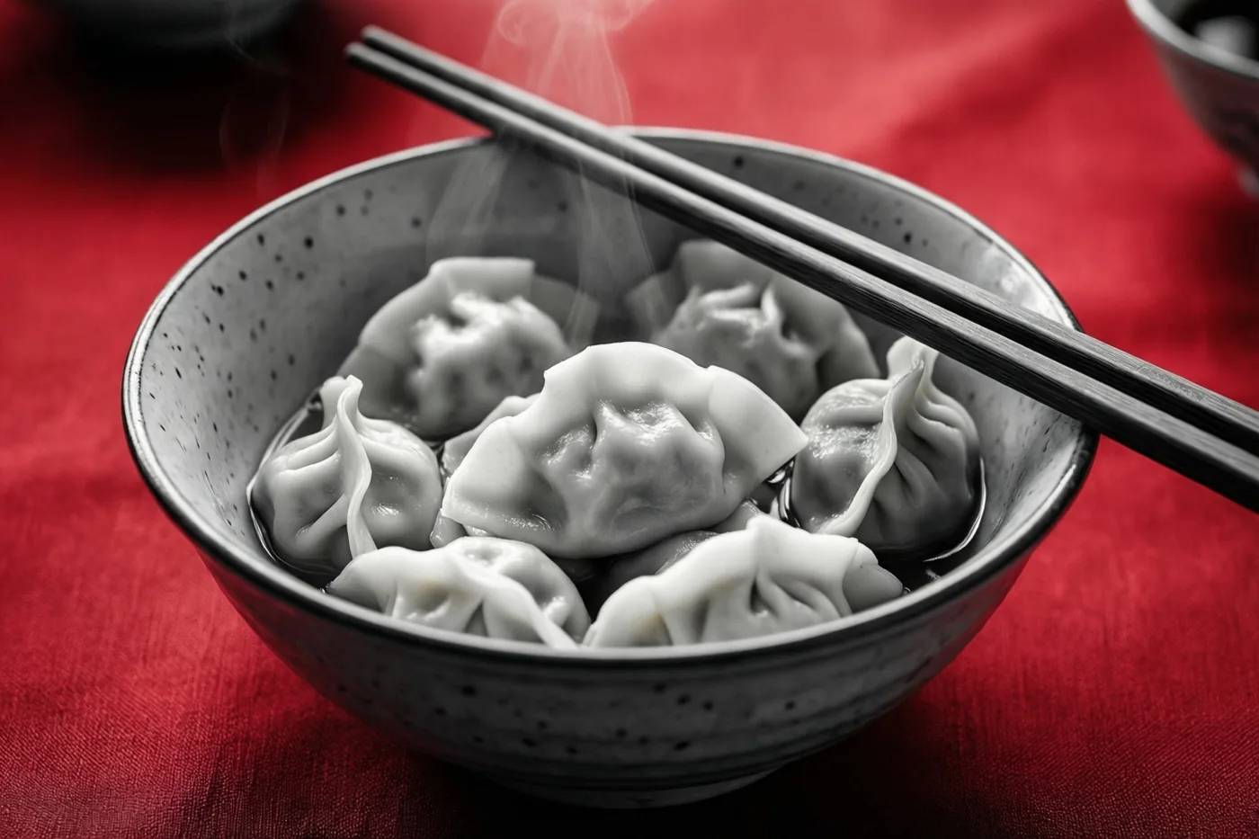 Een dampende kom dumplings met eetstokjes staat op een felrood tafelkleed, met de kom en dumplings in zwart-wit.