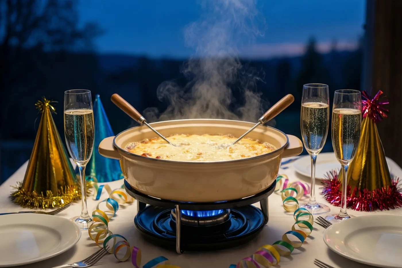 Een dampende pot kaasfondue staat op een brandertje tussen champagneglazen, feesthoedjes en kleurrijke slingers, met door het raam een schemerblauwe hemel.