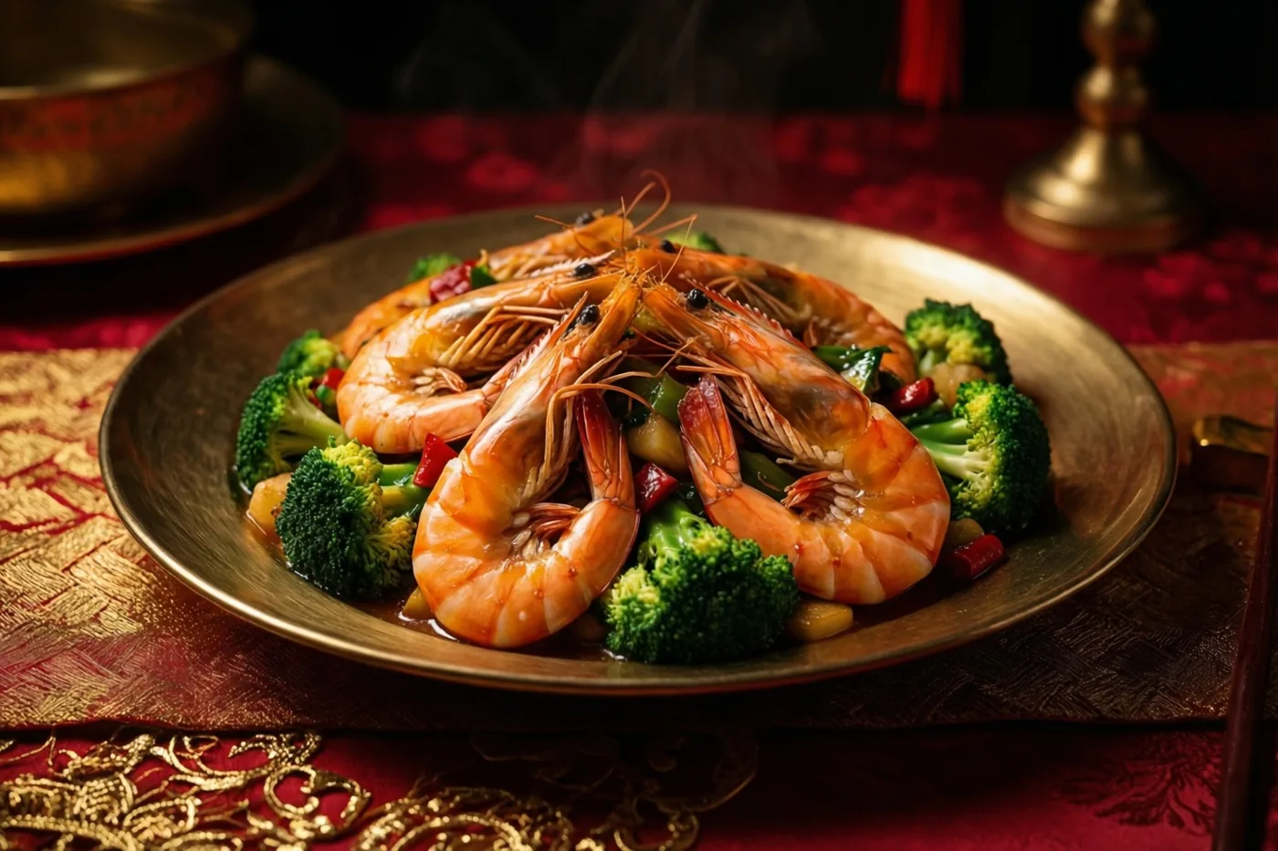 Een dampend wokgerecht met garnalen en broccoli ligt op een goudkleurig bord op een rood met goudkleurig tafelkleed, in warm licht.