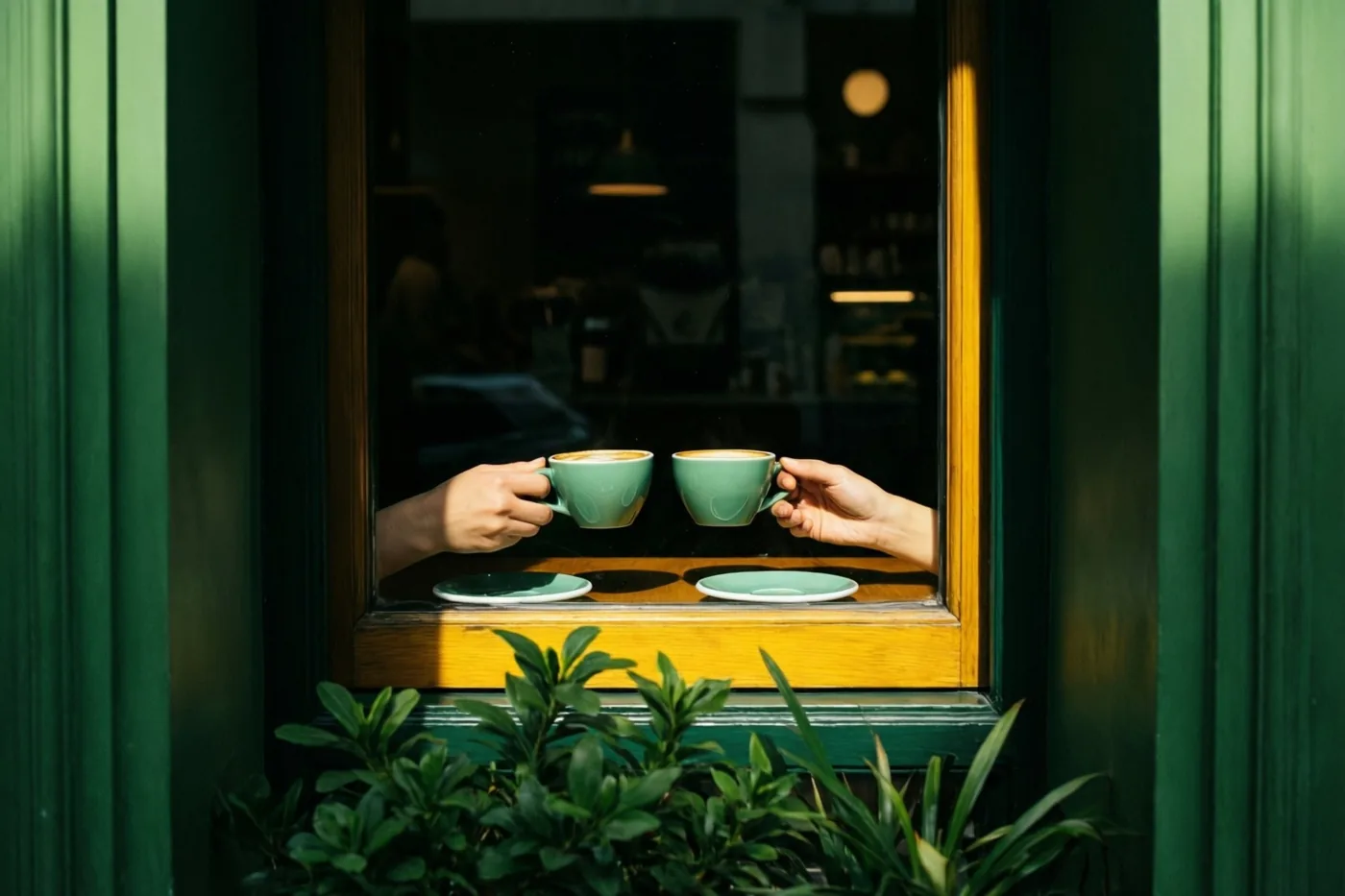 Twee handen houden bij een houten caféraam twee bijpassende groene koffiekopjes vast waaruit damp opstijgt, omringd door donkergroene raamkozijnen en bladeren, met zonlicht op de vensterbank.