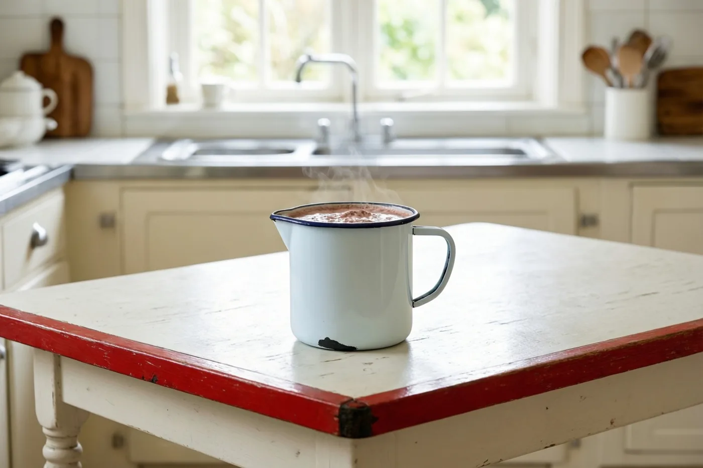 Een dampende emaille kan chocolademelk staat op een verweerde witte keukentafel in een lichte retro keuken met crèmekleurige kasten en een raam.