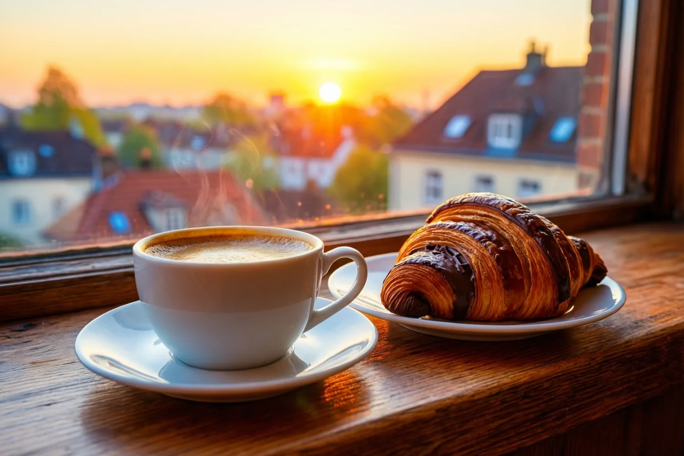 Een dampende kop koffie en een chocoladecroissant staan op een houten vensterbank, met door het raam een zonsopgang boven de daken in gouden en oranje tinten.