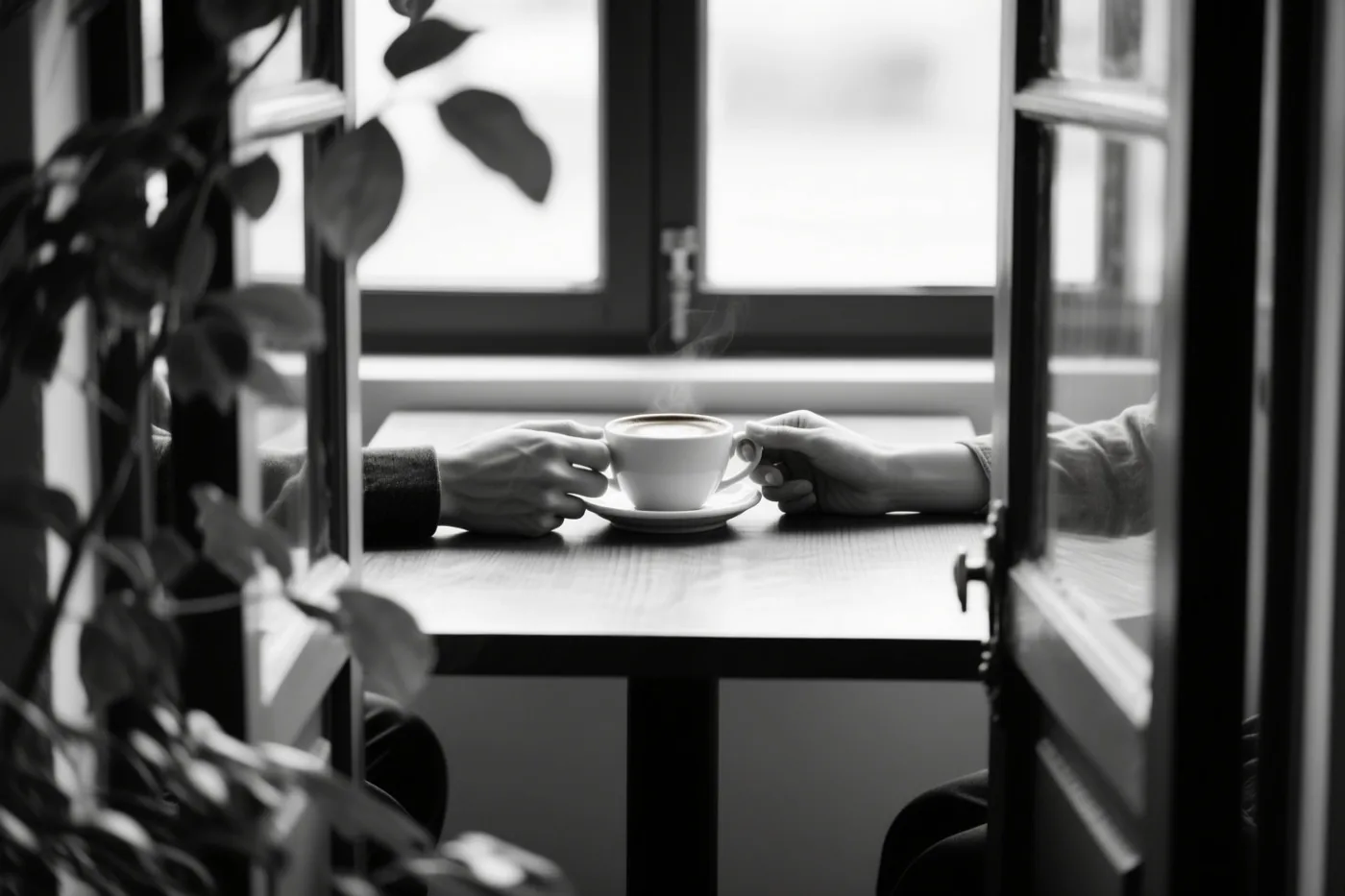 Op deze zwart-witfoto houden twee handen samen een dampende koffiekop vast boven een houten tafel, gezien door een raam met bladeren op de voorgrond.
