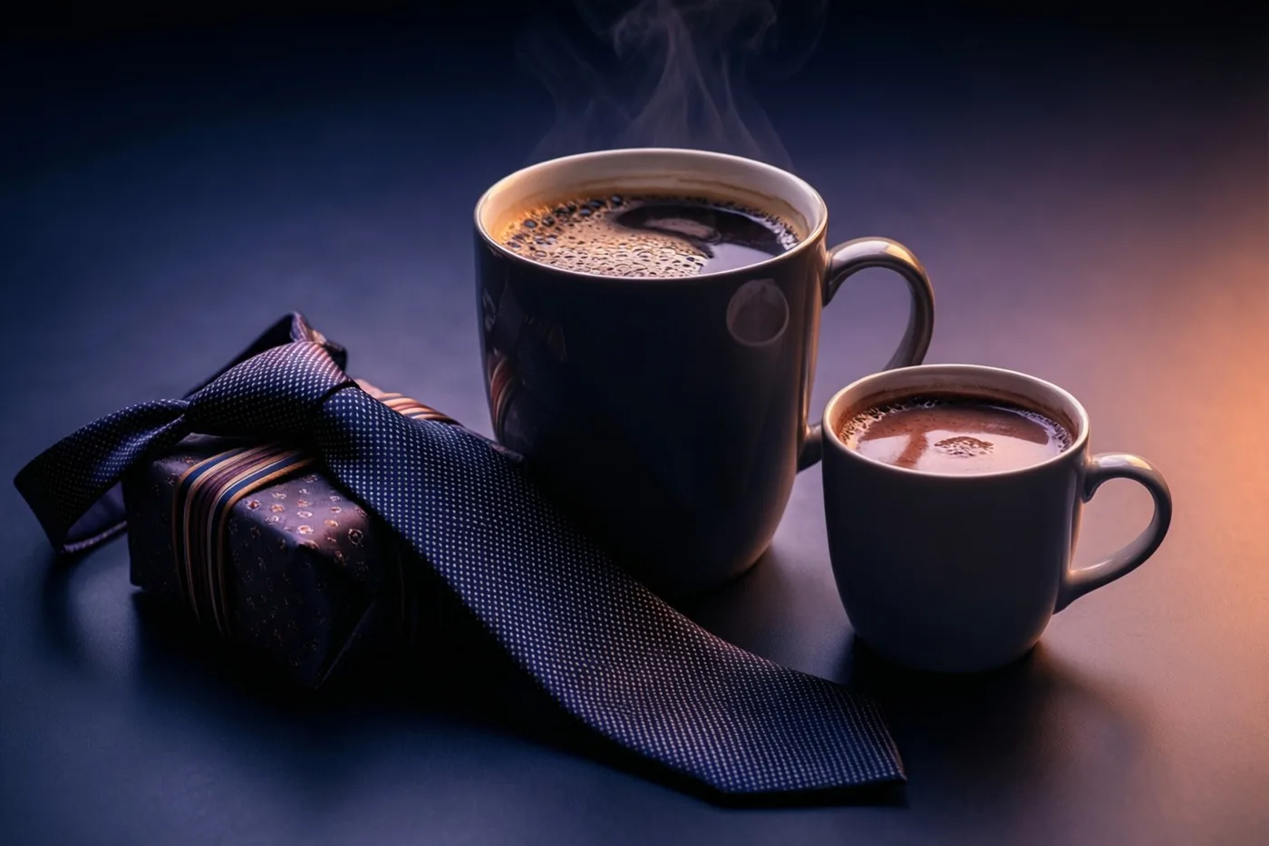 Een grote mok dampende koffie en een kleine mok warme chocolademelk staan naast een als cadeau verpakte donkerblauwe das met patroon tegen een donkere achtergrond.