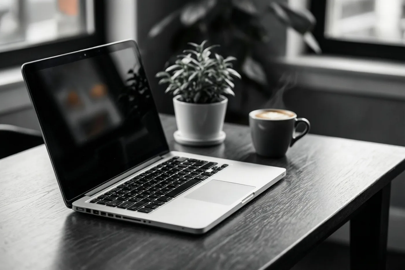 Een laptop, een klein potplantje en een dampende kop koffie staan op een donker houten bureau in een zwart-wit foto.