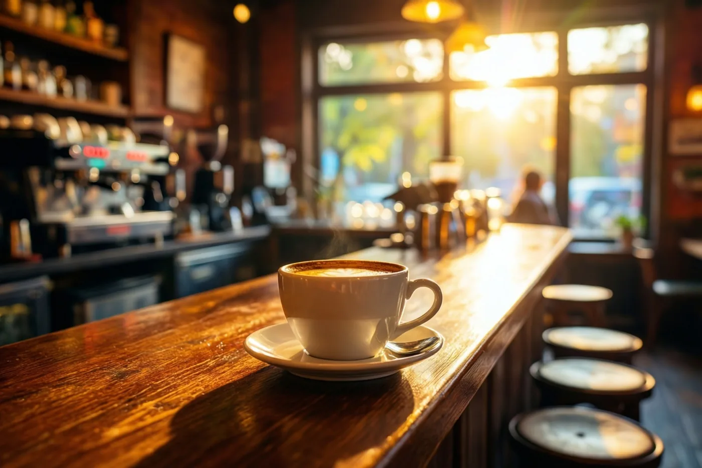 Een dampende kop koffie staat op een houten toog in een gezellig café waar de ochtendzon door grote ramen naar binnen valt.
