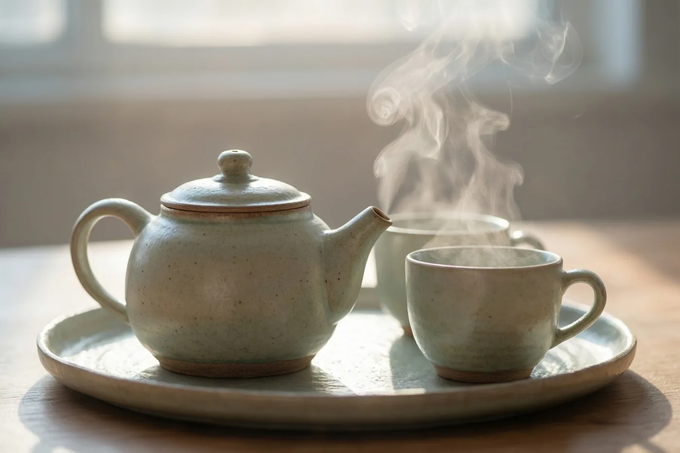 Een theepot van steengoed en twee dampende kopjes staan op een dienblad in zacht ochtendlicht en gedempte aardetinten.