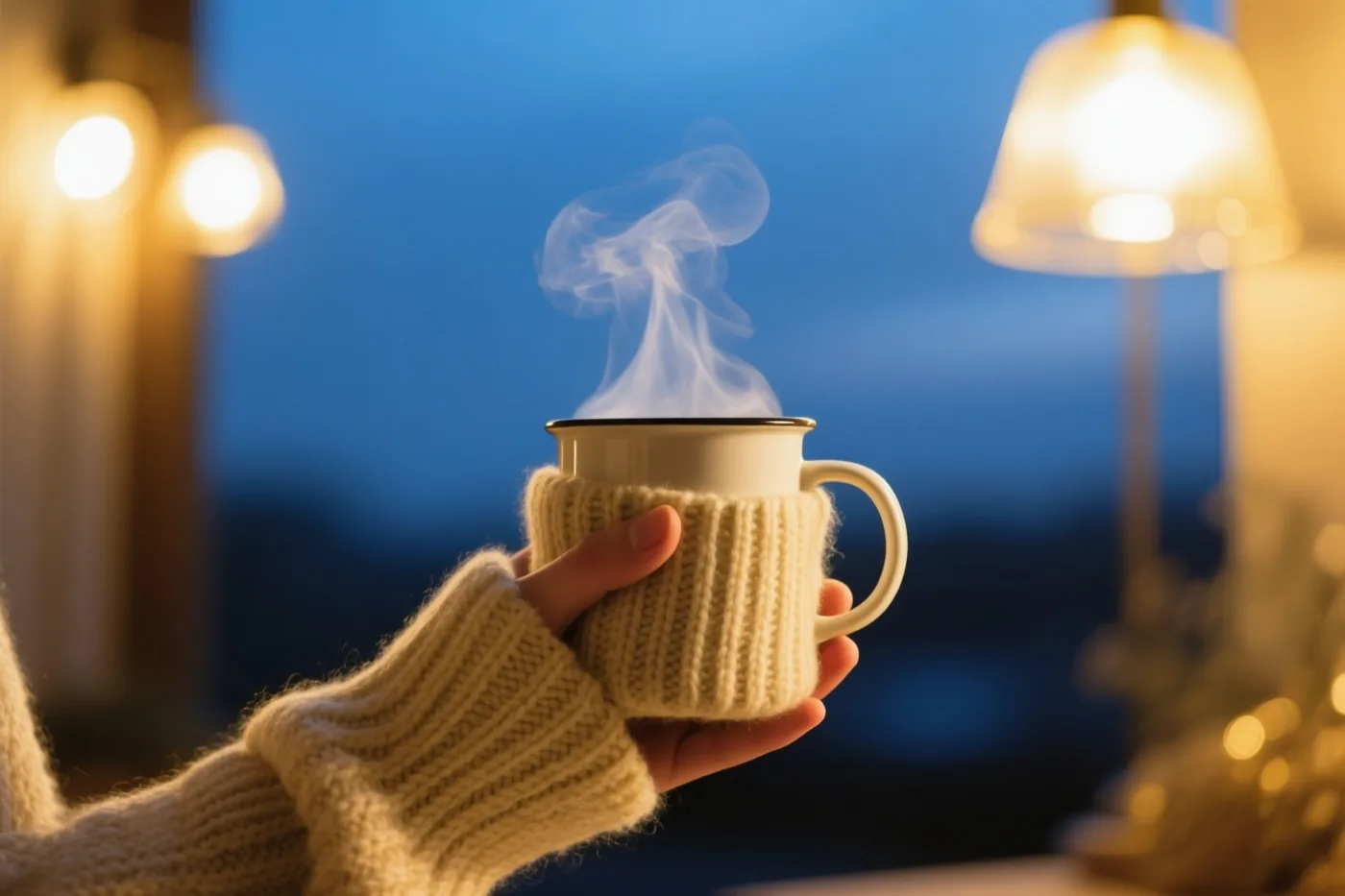 Een hand uit een crèmekleurige gebreide trui houdt een witte dampende mok met een bijpassend hoesje vast, met warm gloeiende lampen tegen een diepblauwe schemerlucht erachter.