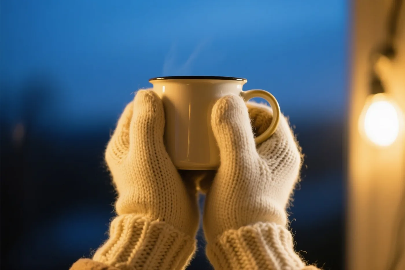 Twee handen in crèmekleurige gebreide handschoenen zonder vingers houden een dampende witte mok vast tegen een diepblauwe achtergrond met rechts een warme lichtbron.