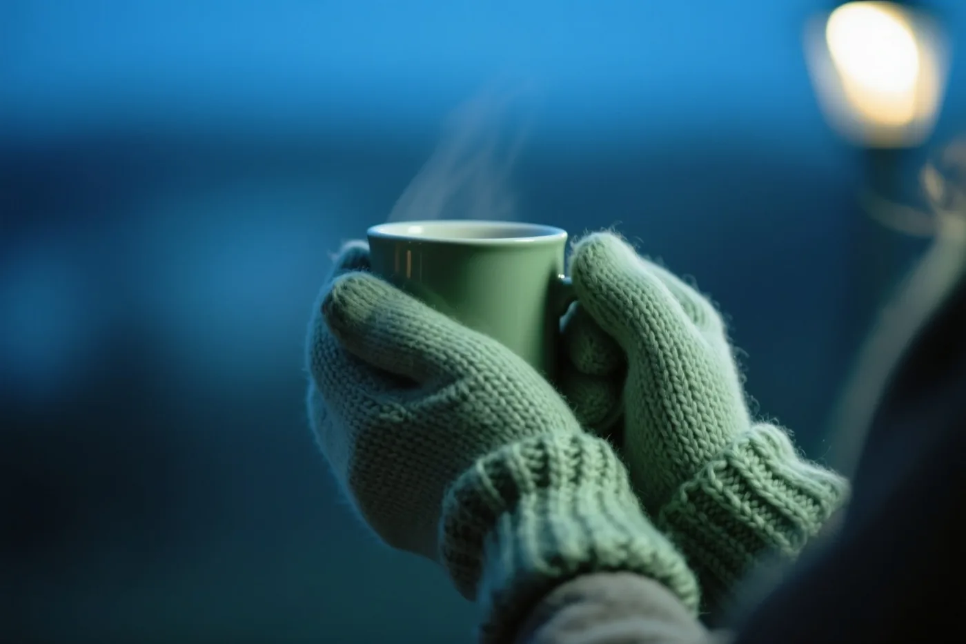 Twee handen in lichtgroene gebreide handschoenen zonder vingers houden een dampende witte mok vast tegen een onscherpe blauwe achtergrond met een warm licht in de verte.