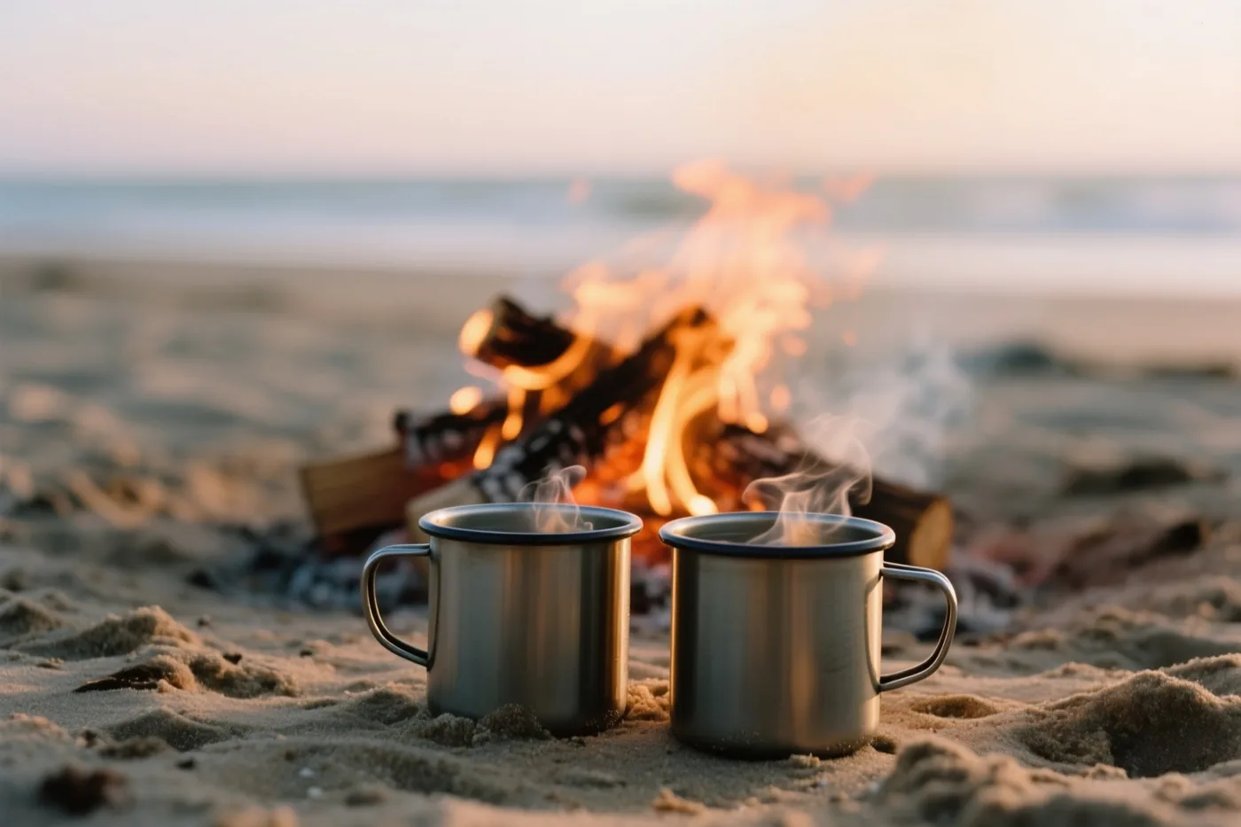Twee dampende tinnen mokken staan in het zand voor een kampvuur op het strand bij zonsondergang in oranje en gouden tinten.