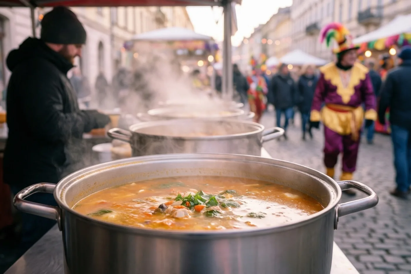Een grote dampende pot oranje soep met groene kruiden staat aan een straatkraam, met onscherpe verklede carnavalsvierders op een kasseistraat op de achtergrond.