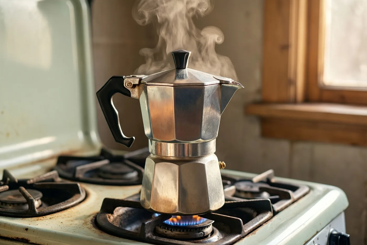 Een verchroomde vintagepercolator dampt op een oud geëmailleerd fornuis bij een raam waar warm ochtendlicht binnenvalt, in een omgeving met zilver-, crème- en houtbruine tinten.