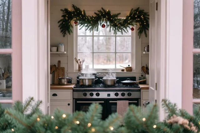 Door een open deur is een landelijke keuken te zien met dampende potten op het fornuis en een dennenslinger met lichtjes boven het raam.