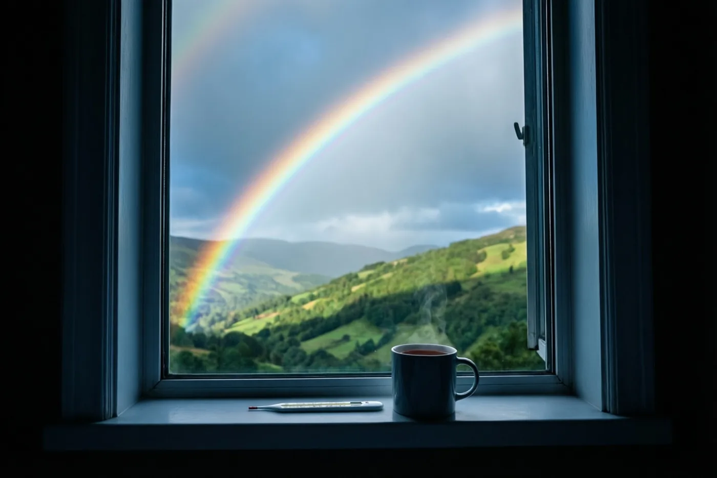 Een dampende mok thee en een thermometer staan op een vensterbank in een blauwgetint interieur, met uitzicht op een regenboog boven groene heuvels onder een bewolkte lucht.