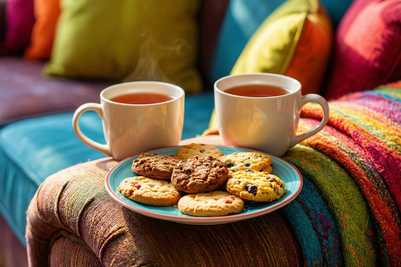 Twee dampende mokken thee en een bord verschillende koekjes staan op een kleurrijke zetelarmleuning, met fleurige kussens en een veelkleurig deken erachter.