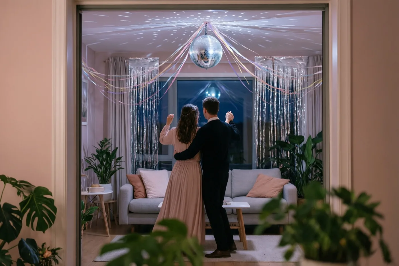 Door een deuropening is een koppel van achteren te zien dat danst in een woonkamer met roze muren, kleurrijke serpentines, een discobal en groene planten op de voorgrond.