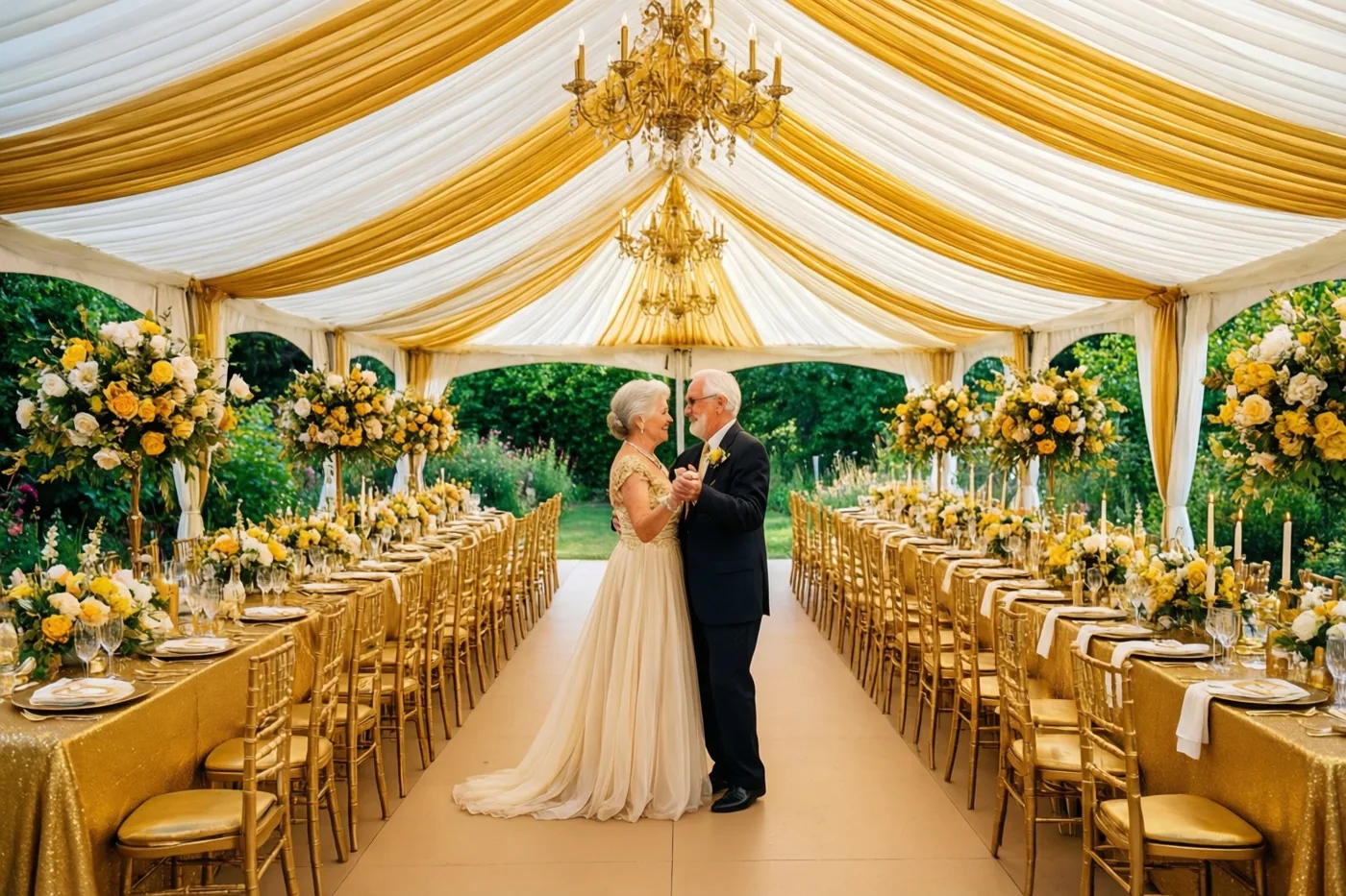 Een ouder koppel danst in een ruime tuintent met gouden en witte draperieën, tafels en bloemstukken in warm, goudkleurig licht.