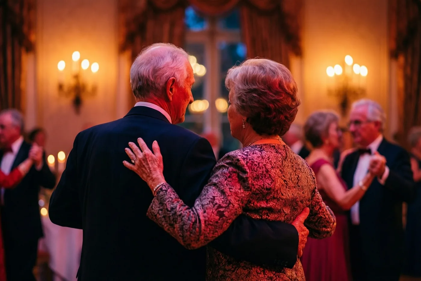 Een ouder koppel danst langzaam met de rug naar de kijker in een elegante kamer bij kaarslicht, met warm goudkleurig licht en rode en oranje tinten.