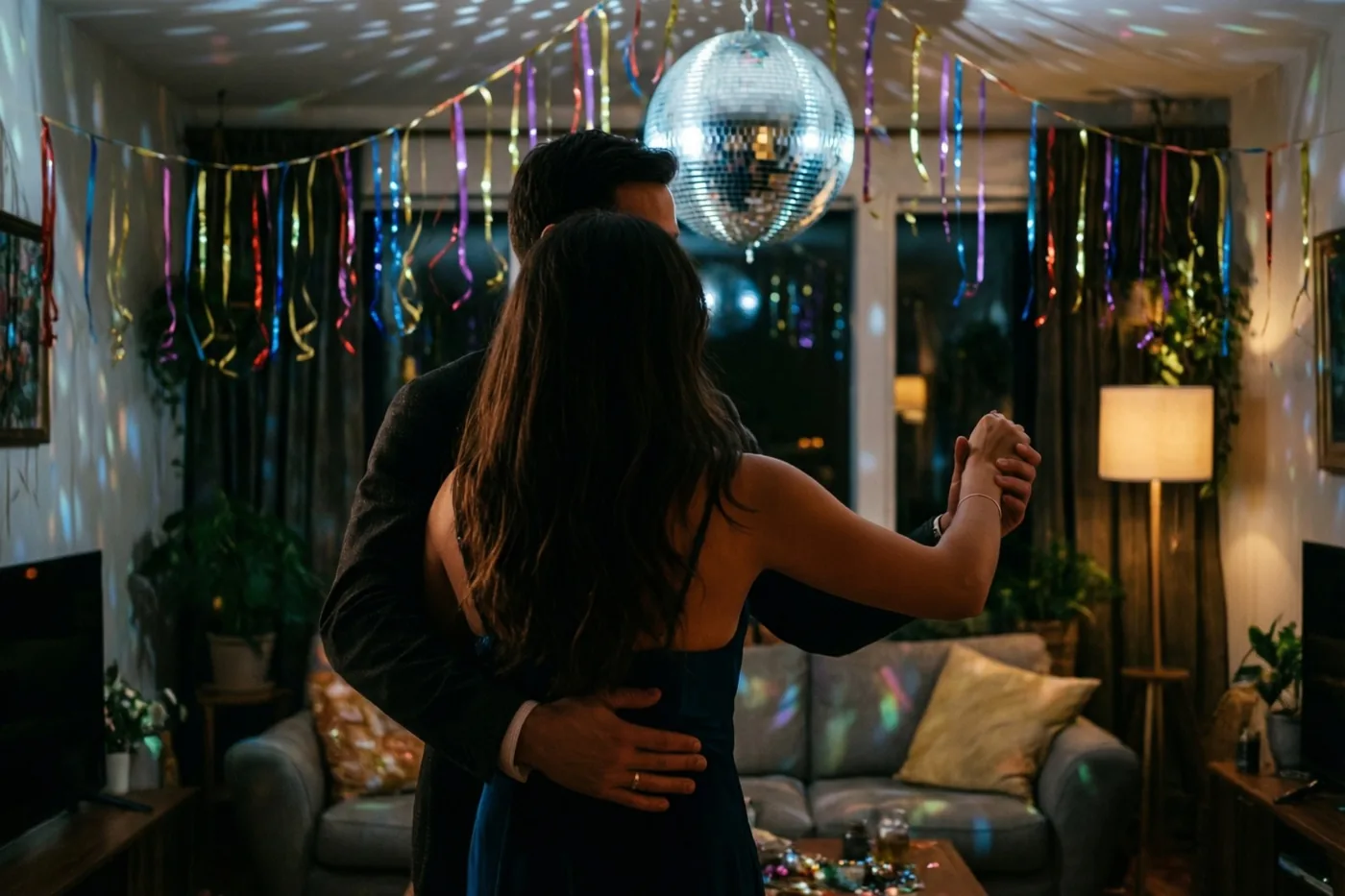 Een koppel danst van achteren gezien in een woonkamer met kleurrijke serpentines en een glinsterende discobal in warm licht.