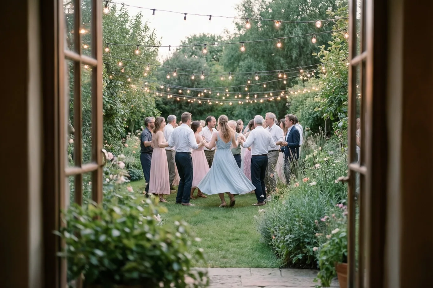 Door een open deuropening is een groep dansende gasten te zien op het gras onder lichtslingers, omringd door groen en bloemen.