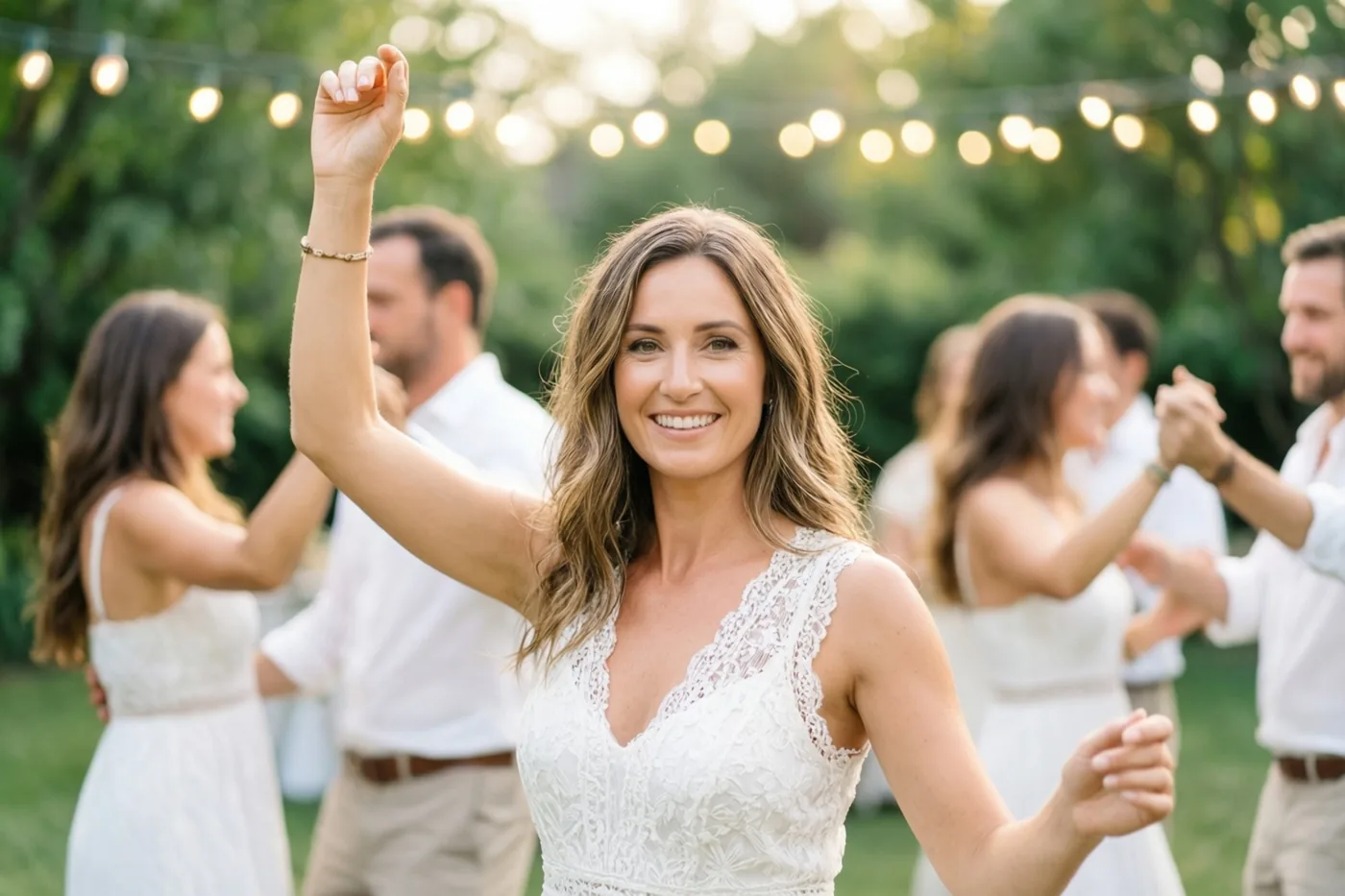 Een glimlachende vrouw in een witte kanten jurk danst met een geheven arm tussen andere gasten onder lichtslingers in een tuin met warm goudkleurig licht en groen op de achtergrond.