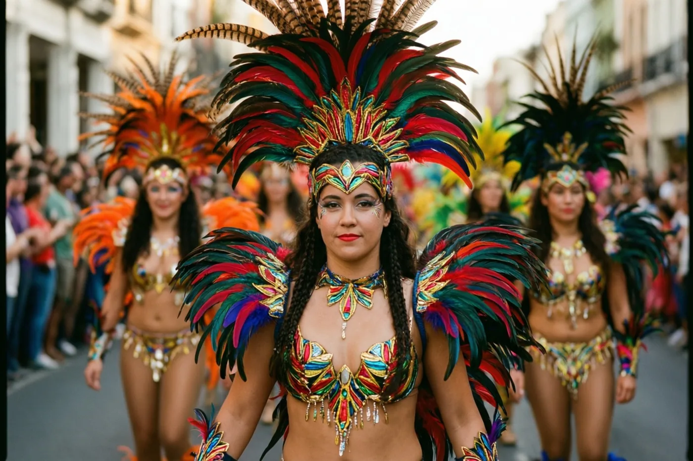 Een danseres in een uitbundig verenkostuum in rood, groen en goud is van dichtbij te zien tijdens een straatstoet, met onscherpe dansers en toeschouwers achter haar.
